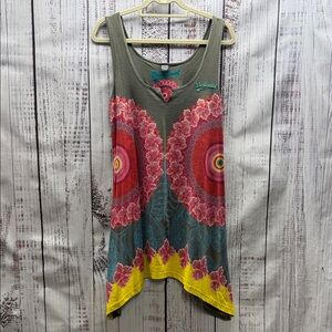 Desigual Greenish Gray Multicolor Design Sleeveless Tunic Mini Dress